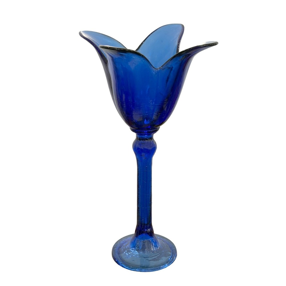 Cobalt Blue Vintage Hand Blown Large 13.125" Flowered Long Stem Glass
